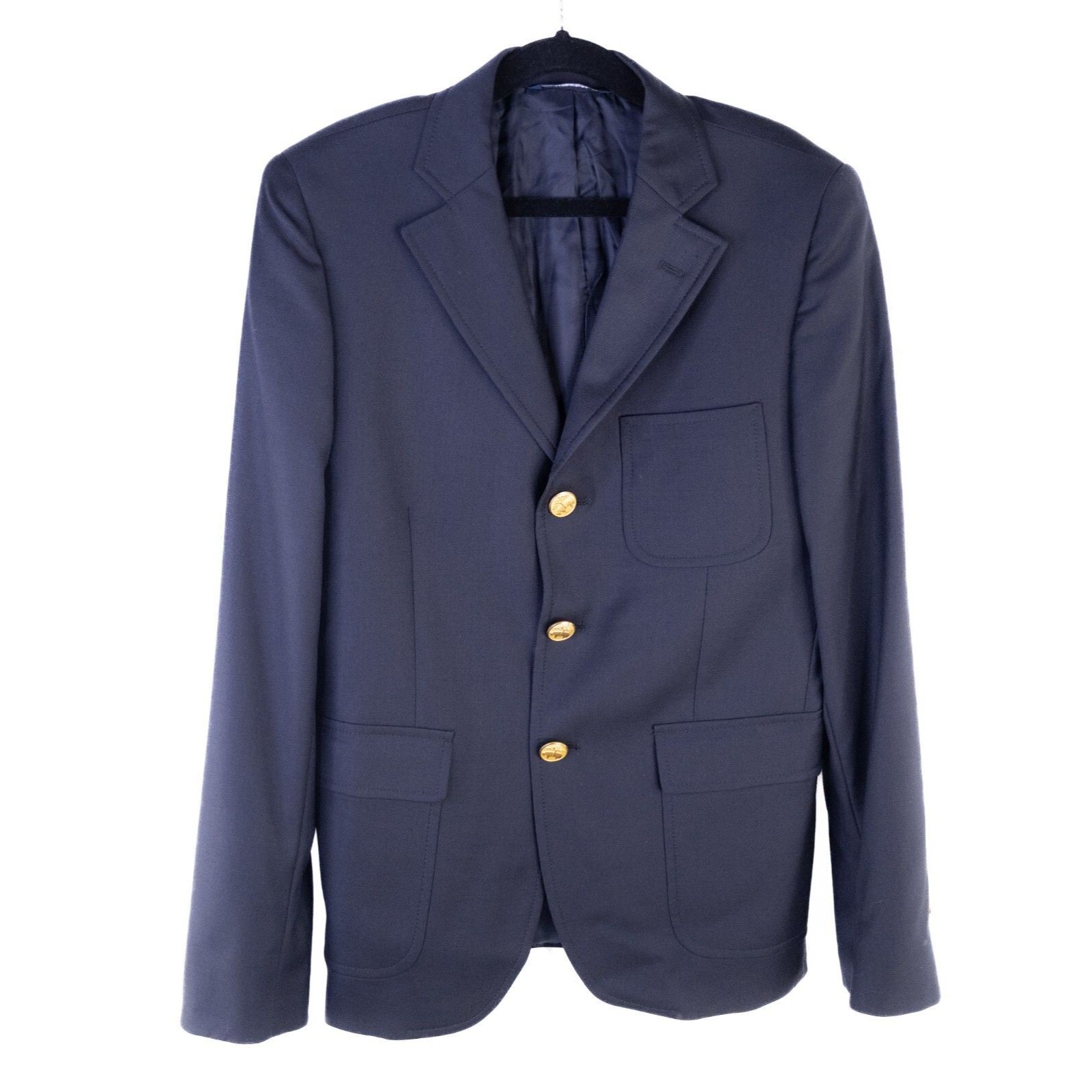 Brooks Brothers Fleece Loro Piana Super 120's Wool Navy Blue Gold Button Sz 14